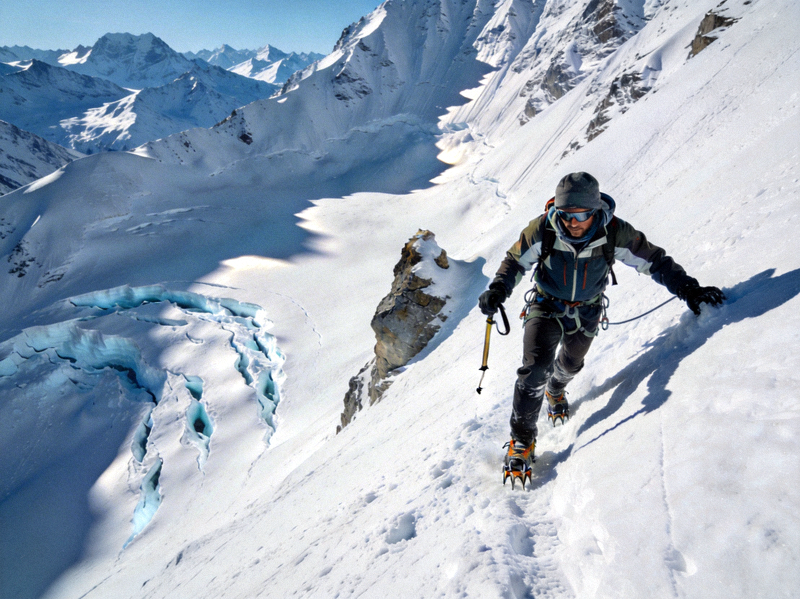 高海拔登山场景，登山者攀登雪山峭壁