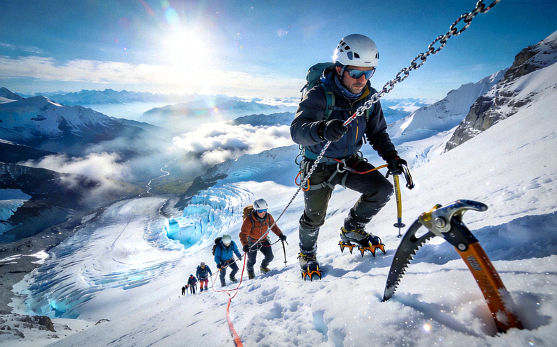 高海拔登山探险场景，登山队攀登雪山峭壁