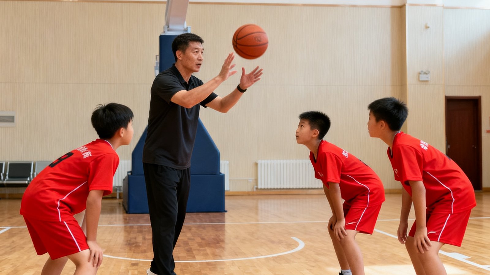 在标准室内篮球场上，一位国家级教练正向三名青少年学员示范投篮手型，学员们穿着红色训练服专注观摩。