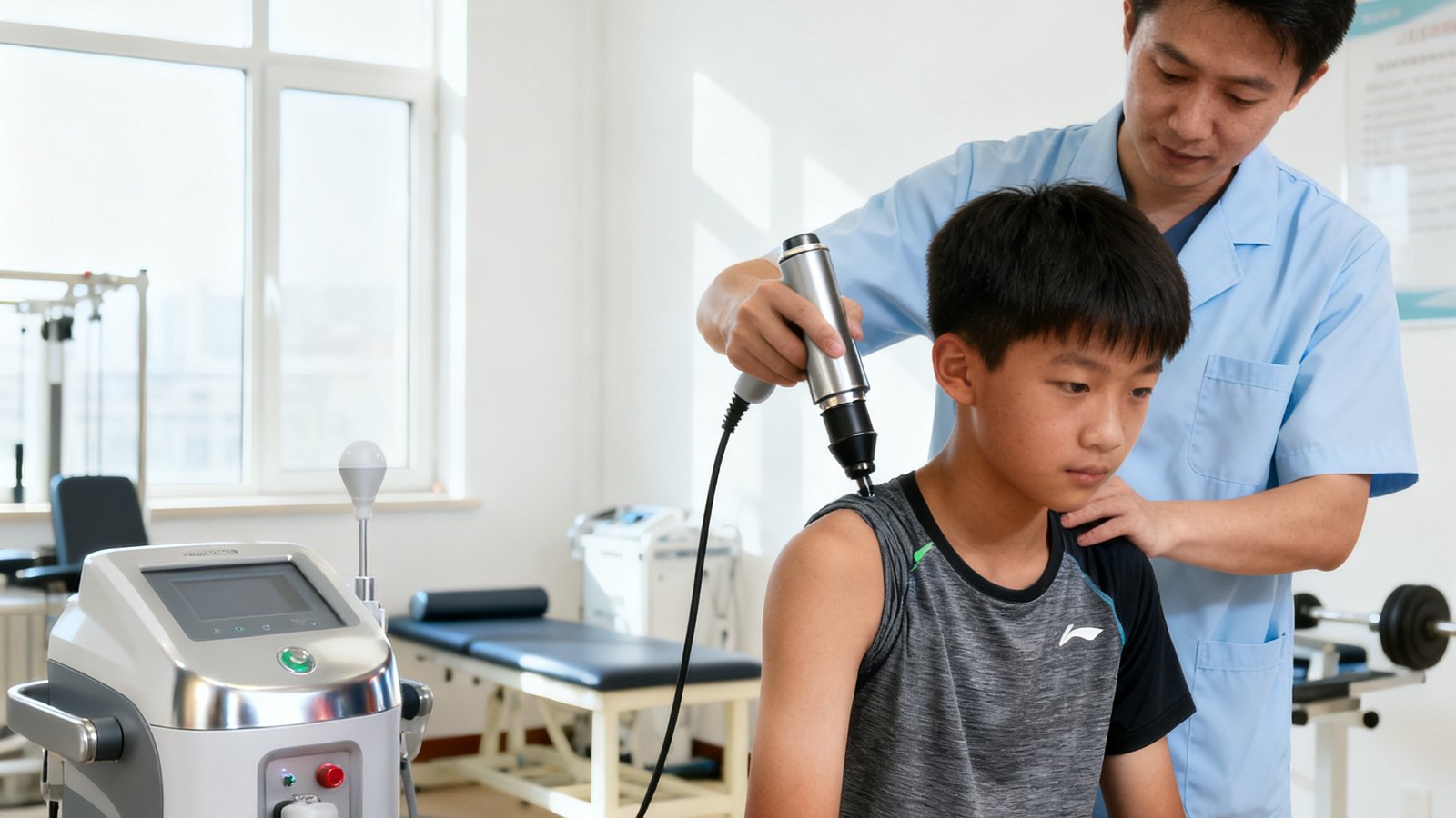 运动康复中心内，一位持证康复师正使用冲击波设备为一名青少年学员进行肩部理疗，房间整洁明亮，配备多种康复仪器。