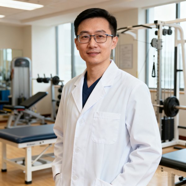 苏瑶，运动康复医学博士，康复团队负责人，戴着眼镜，身穿白大褂，背景为康复治疗室。